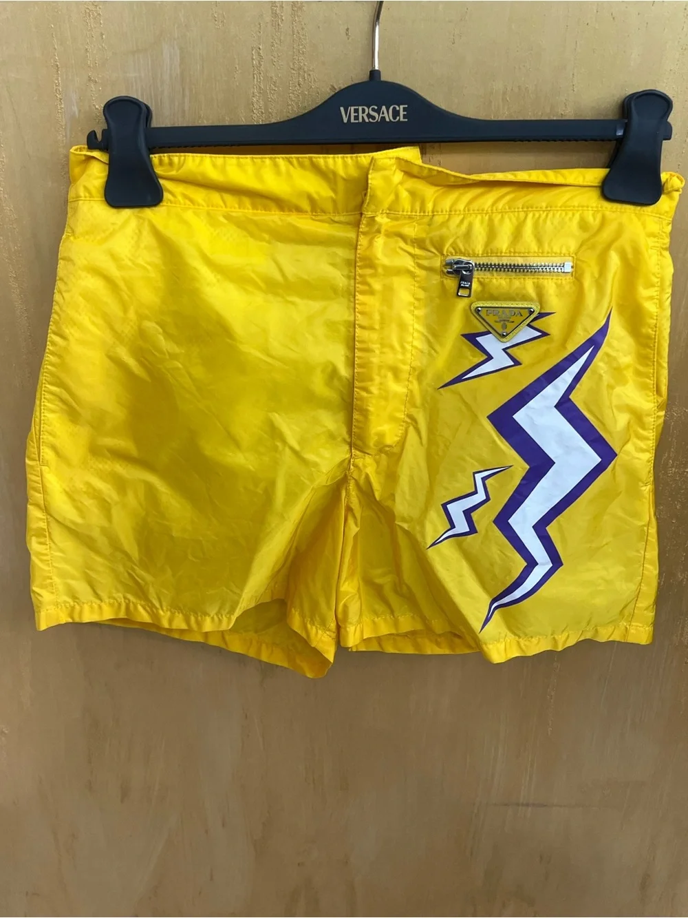 Prada Men’s Yellow Swim Trunks with Purple Lightning Motif